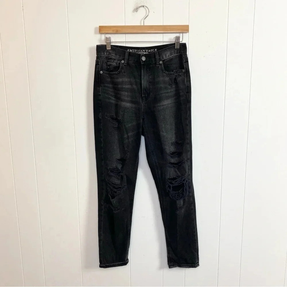 American Eagle Mom Jeans Black Distressed Ripped Denim Women’s Size 2 Grunge - Picture 2 of 14
